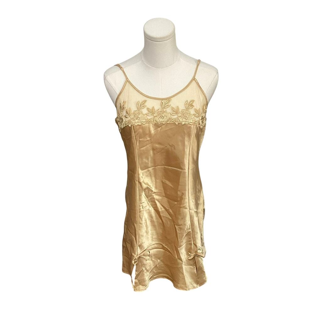 VTG 90s Cinema Etoile Gold Slip Dress Lingerie Large Mesh Embroidery Thigh Slits